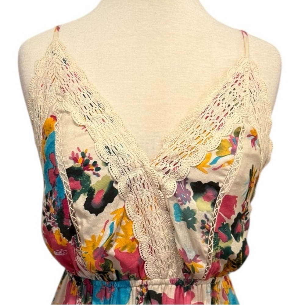 Meghan LA Floral Summer Maxi Dress Strappy Backless Lace Trim Boho Size Small - Picture 6 of 10